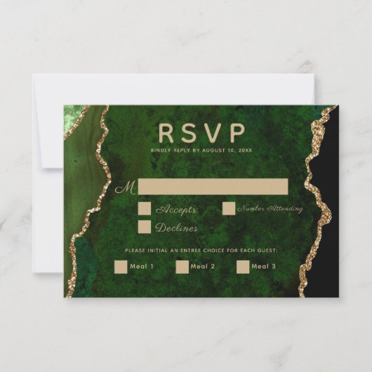 Gold Emerald Green Agate Wedding RSVP Card Karte (Vorderseite)