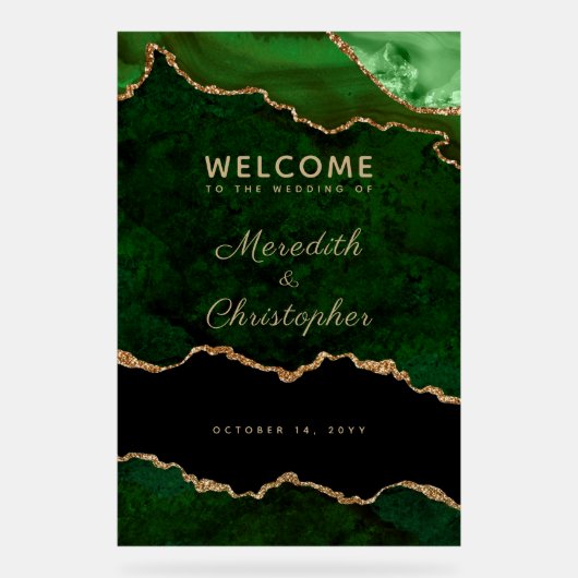 Gold Emerald Green Agate Wedding Willkommen Acrylschild (Vorderseite)