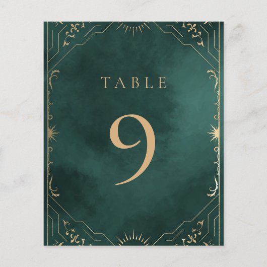 Gold Emerald Green Celestial Wedding Tischnummern (Vorderseite)
