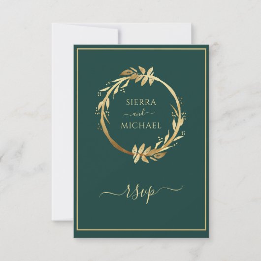 Gold Emerald Green Eucalyptus Wreath Wedding RSVP Karte (Vorderseite)
