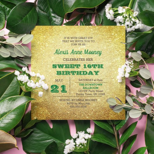 Gold & Emerald Green Funkelnd Sweet 16 Einladung