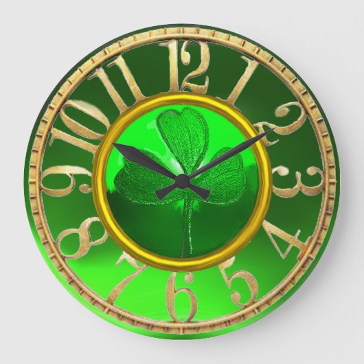 Gold Emerald Green Kleeblatt St Patrick's Day Große Wanduhr (Vorderseite)