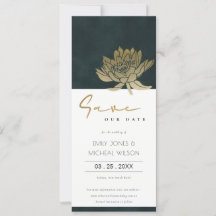 GOLD EMERALD GREEN LOTUS FLORAL SAVE THE DATE INVI