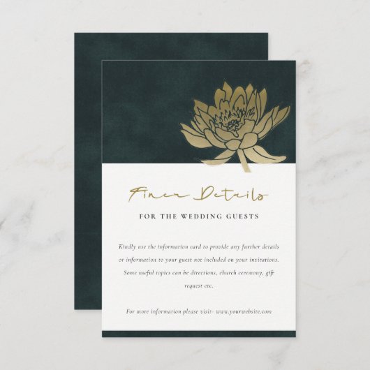 GOLD EMERALD GREEN LOTUS FLORAL WEDDING DETAILS BEGLEITKARTE (Vorne/Hinten)