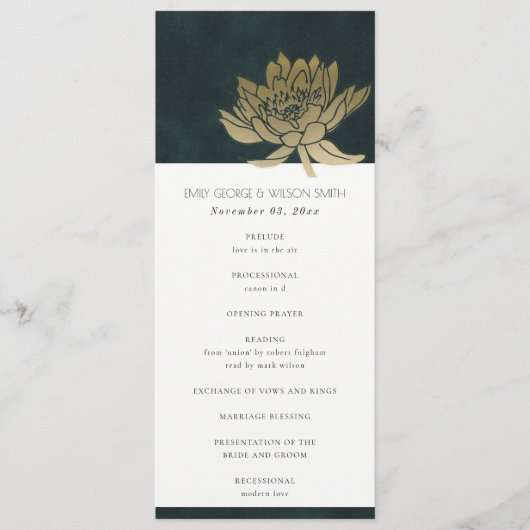 GOLD EMERALD GREEN LOTUS WEDDING CEREMONY PROGRAMM (Vorderseite)