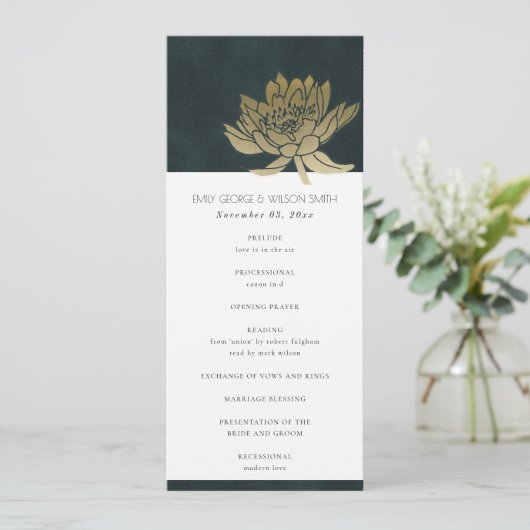 GOLD EMERALD GREEN LOTUS WEDDING CEREMONY PROGRAMM (Stehend Vorderseite)
