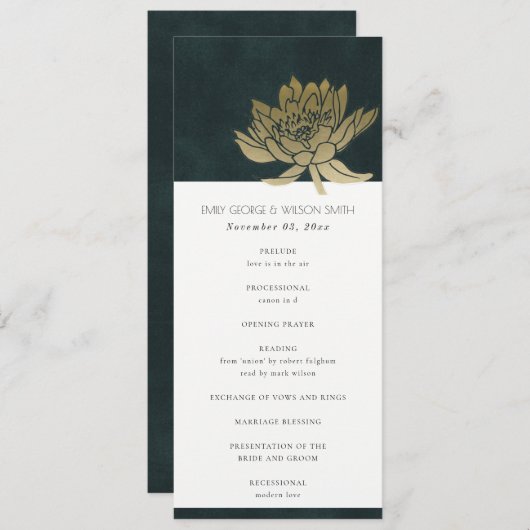GOLD EMERALD GREEN LOTUS WEDDING CEREMONY PROGRAMM (Vorne/Hinten)