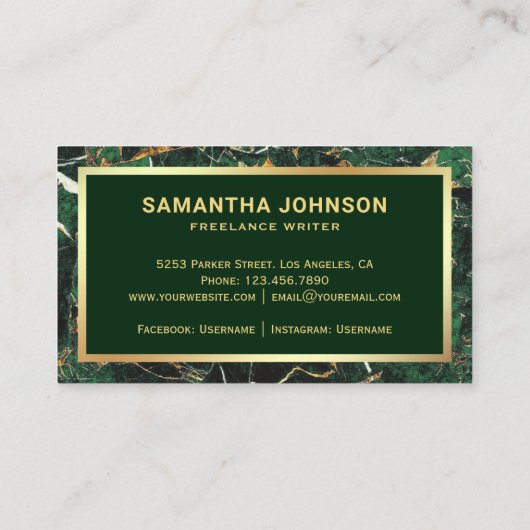 Gold Emerald Green Marble Pen Nib Beruflich Visitenkarte (Rückseite)