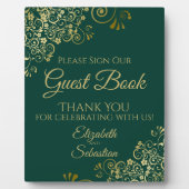 Gold & Emerald Green Sign Unser Gästebuch Hochzeit Fotoplatte (Vorderseite)