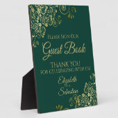 Gold & Emerald Green Sign Unser Gästebuch Hochzeit Fotoplatte (Seite)