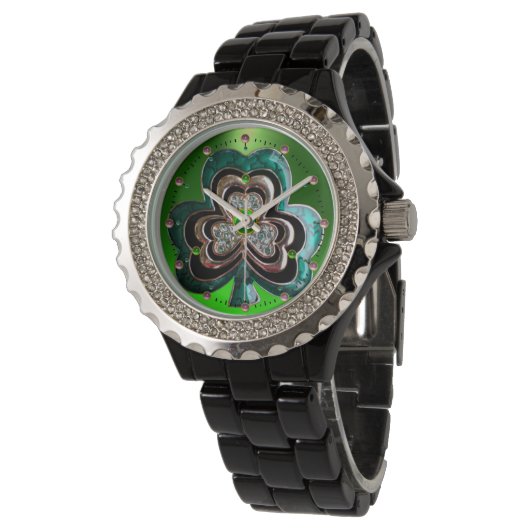 GOLD, EMERALD GRÜNES KLEEBLATT JEWEL MIT GEMS ARMBANDUHR (Schrägansicht)