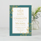Gold Emerald Viktorianisch Floral Lace Save the Da Date (Stehend Vorderseite)