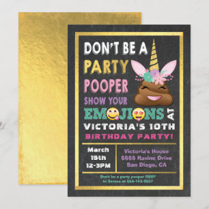 Gold Emoji Party Pooper Unicorn Birthay Einladung