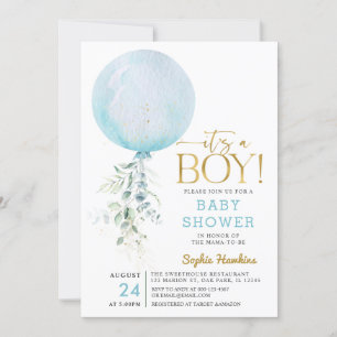 Gold Es ist eine junge Blue Balloon Baby Dusche Einladung