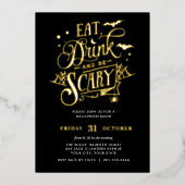 GOLD Essen Drink und Beängstigend Halloween Bash P Folieneinladung (Vorderseite)