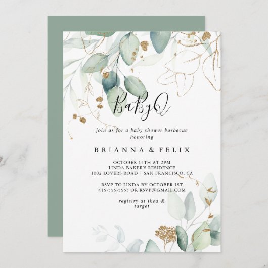 Gold Eucalyptus BabyQ Baby Shower Barbecue Einladung (Vorne/Hinten)
