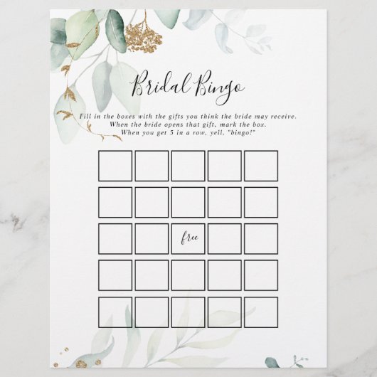 Gold Eucalyptus Calligraphy Bridal Bingo Game (Vorderseite)