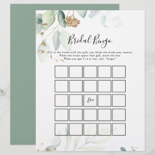 Gold Eucalyptus Calligraphy Bridal Bingo Game