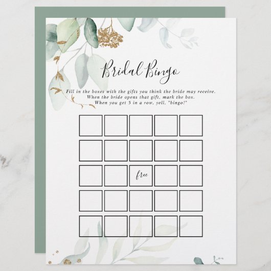 Gold Eucalyptus Calligraphy Bridal Bingo Game (Vorne/Hinten)