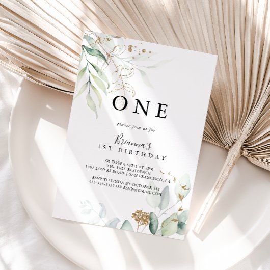 Gold Eucalyptus Calligraphy First Birthday Party Einladung
