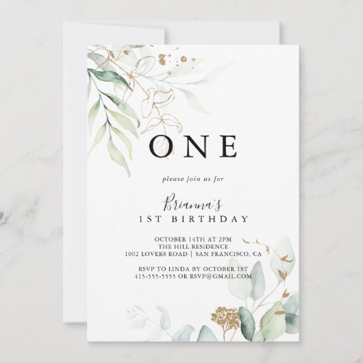 Gold Eucalyptus Calligraphy First Birthday Party Einladung (Vorderseite)