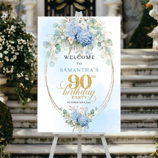 Gold Eucalyptus Hydrangeas 90th birthday welcome Poster