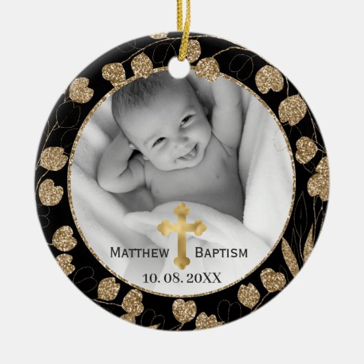 Gold Eukalyptus Branch Blätter Baby Baptisc Foto Keramik Ornament (Vorne)