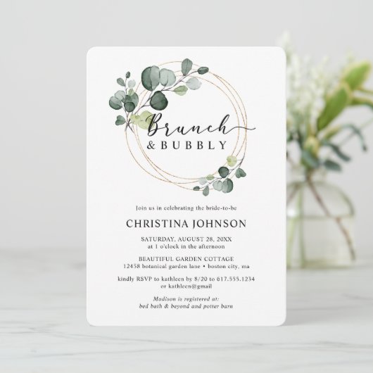 Gold Eukalyptus Brunch and Bubbly Brautparty Einladung (Stehend Vorderseite)