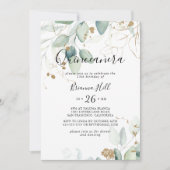 Gold Eukalyptus Calligraphy Quinceñera Einladung (Vorderseite)