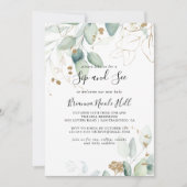 Gold Eukalyptus Calligraphy Sip and See Einladung (Vorderseite)