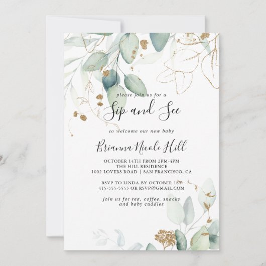 Gold Eukalyptus Calligraphy Sip and See Einladung (Vorderseite)