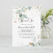 Gold Eukalyptus Calligraphy Sip and See Einladung (Stehend Vorderseite)