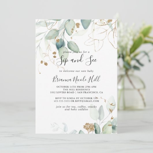 Gold Eukalyptus Calligraphy Sip and See Einladung (Stehend Vorderseite)