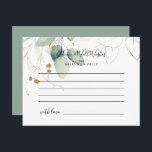 Gold Eukalyptus Calligraphy Wedding Advice Card Postkarte<br><div class="desc">Diese goldene eukalyptuskalligraphische Hochzeitsratenkarte ist perfekt für eine rustikale Hochzeit. Dieses künstlerische Design mit handgezeichnet Aquarellgold und grünem Blattwerk inspiriere natürliche Schönheit. Diese Karten sind ideal für Hochzeiten,  Brautparty,  Babydusche,  Graduiertenfest u.v.m. Personalisieren Sie die Karten mit den Namen der Braut und Bräutigam,  den Eltern,  die Sie werden oder Absolvent.</div>