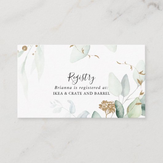 Gold Eukalyptus Calligraphy Wedding Gift Registry Begleitkarte (Vorderseite)