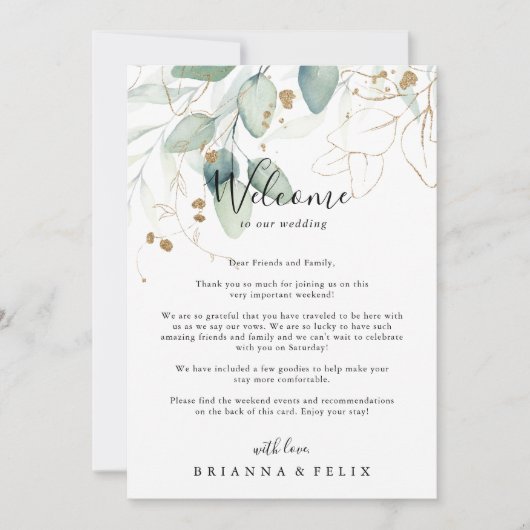 Gold Eukalyptus Calligraphy Wedding Welcome Letter (Vorderseite)