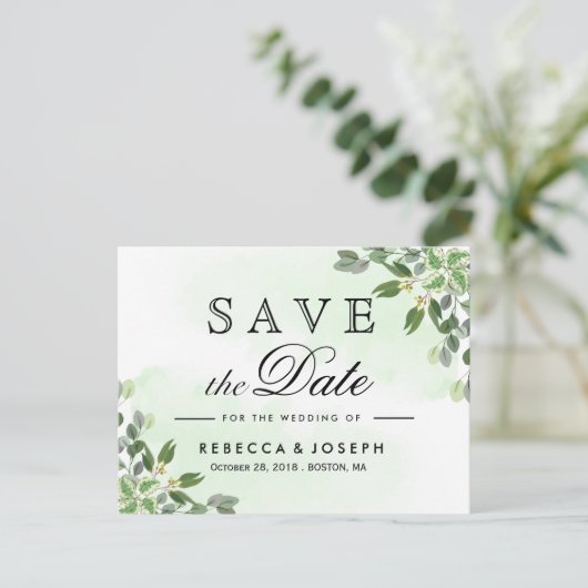 Gold Eukalyptus Greenerity Wedding Save the Date Postkarte (Stehend Vorderseite)