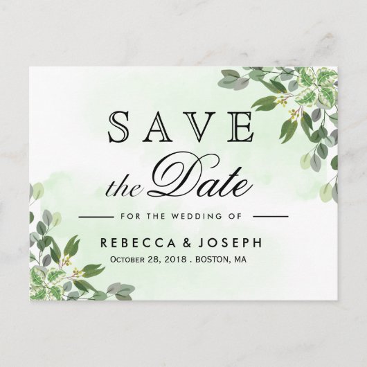Gold Eukalyptus Greenerity Wedding Save the Date Postkarte (Vorderseite)