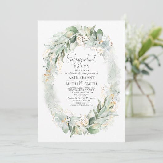 Gold Eukalyptus Greenerity Wreath Engagement Party Einladung (Stehend Vorderseite)