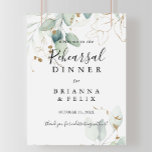 Gold Eukalyptus Probe Dinner Begrüßung Poster<br><div class="desc">Dieses goldene Eukalyptus-Probe-Dinner-Begrüßungszeichen ist perfekt für eine rustikale Hochzeitsfeier Probe. Dieses künstlerische Design mit handgezeichnet Aquarellgold und grünem Blattwerk inspiriere natürliche Schönheit.</div>