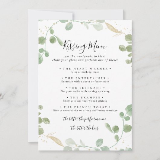 Gold Eukalyptus Wedding Kissing Menu Game Card (Vorderseite)
