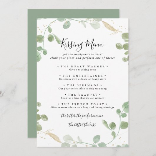 Gold Eukalyptus Wedding Kissing Menu Game Card (Vorne/Hinten)