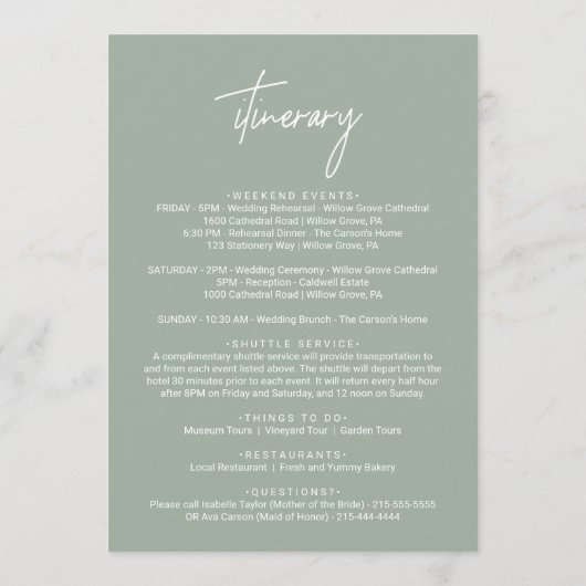 Gold Eukalyptus Wedding Welcome Letter & Itinerary Programm (Rückseite)