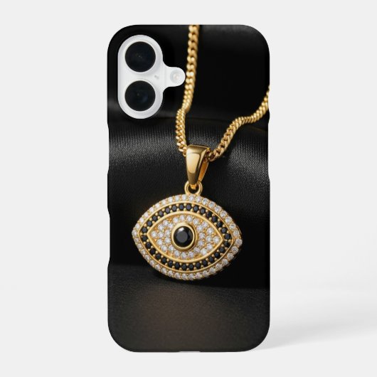 Gold Evil Eye Necklace on Black Silk Fabric iPhone 16 Hülle (Rückseite)