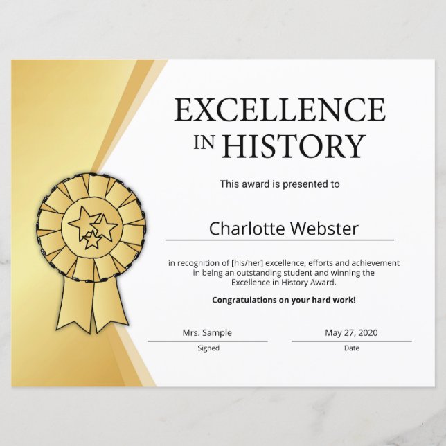 Gold Excellence in History Certificate Award (Vorderseite)