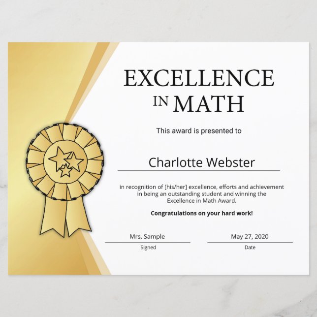 Gold Excellence in Math Certificate Award (Vorderseite)