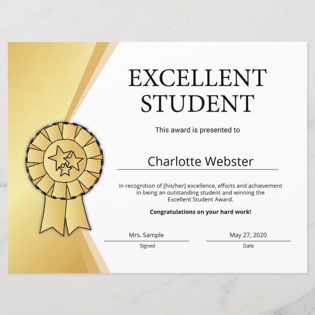 Gold Excellent Student Award Ehrenzertifikat (Vorderseite)