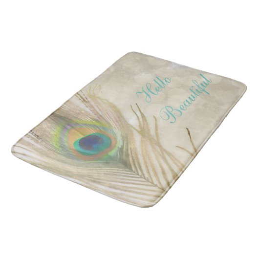 Gold Exotic Peacock Feather Glam Eleganter Chic Badematte (Schrägansicht)