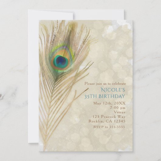 Gold Exotic Peacock Feather Glam Party Einladungen (Vorderseite)