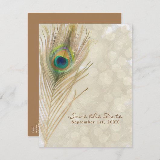 Gold Exotic Peacock Feather Glam Save the Date Ankündigungspostkarte (Vorne/Hinten)